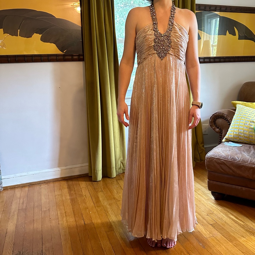 Jovani Silk Halter Evening Gown, Peach With Silver Jewels